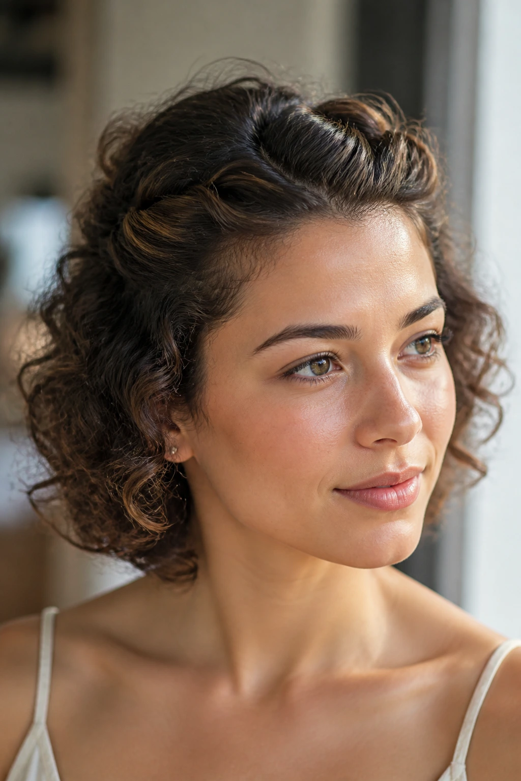 Close-up of a real woman with a half-up twist back on short curly hair.