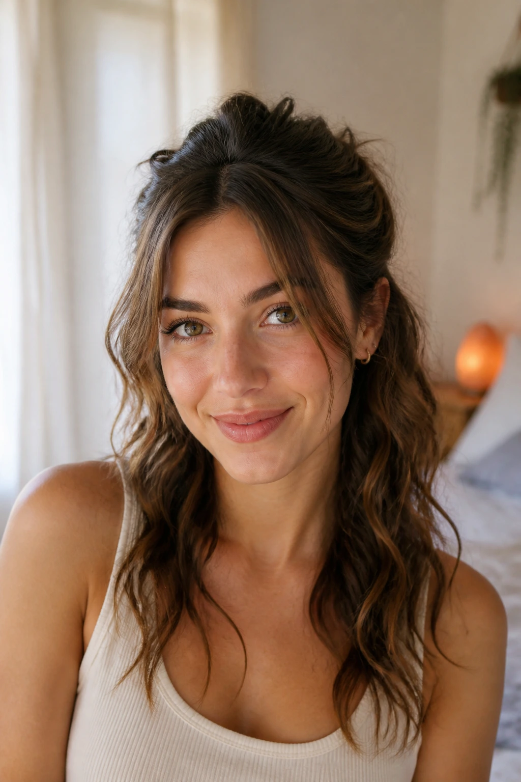 Portrait of real person with half-up twist and loose front pieces.