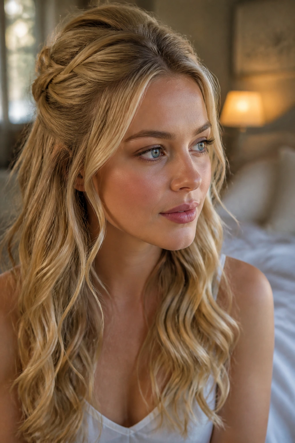 Close-up of a real blonde woman with a half-up twist and loose curls by a window