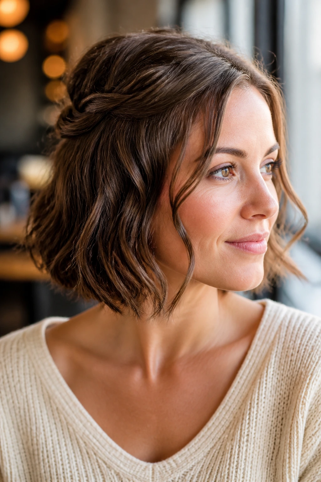 Close-up of a real woman with half-up twist styling on a chin-length bob in a cafe setting
