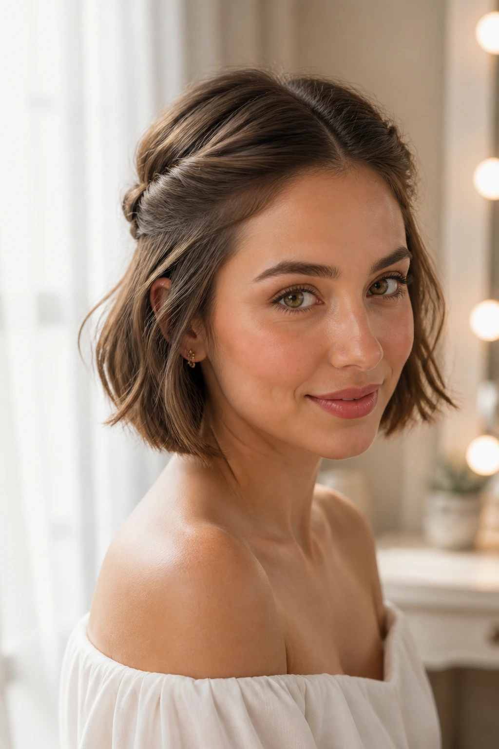 Close-up portrait of a real woman with two small twists pulled back from the temples on a chin-length bob