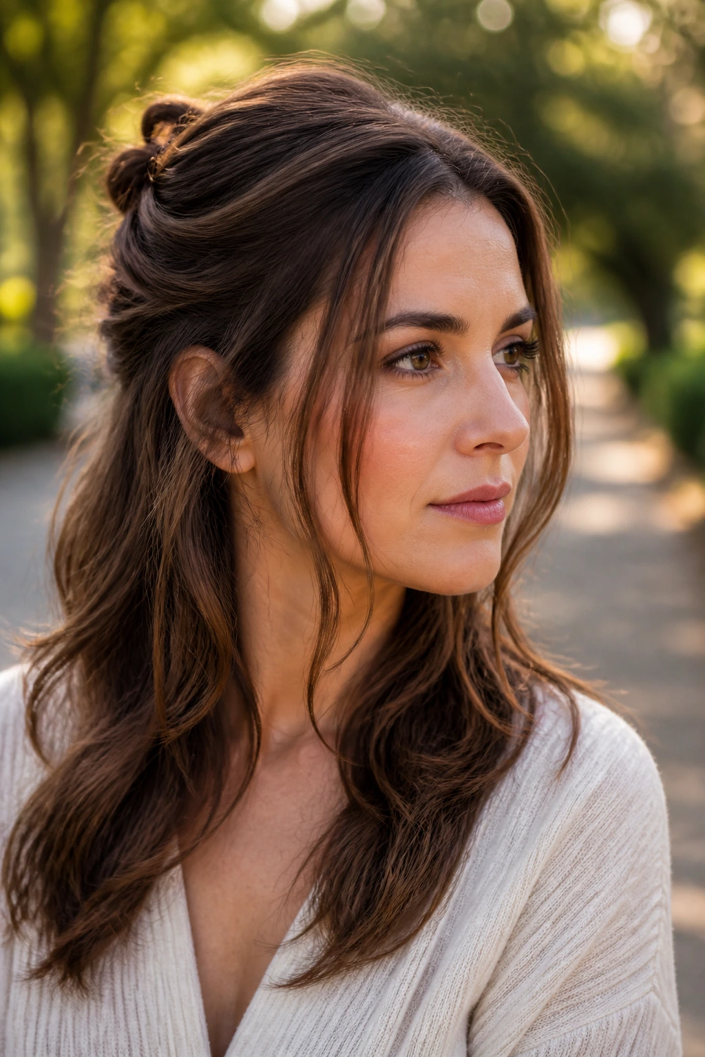 Close-up of a woman with half-up twist and loose face-framing strands in park light