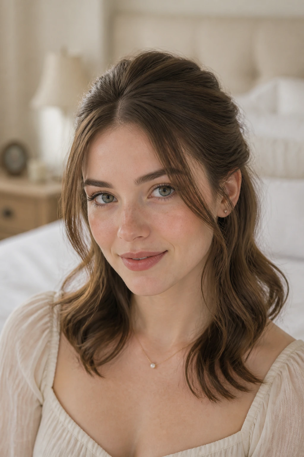 Close-up portrait of a pale-skinned woman with half-up twist and loose face pieces in brunette hair