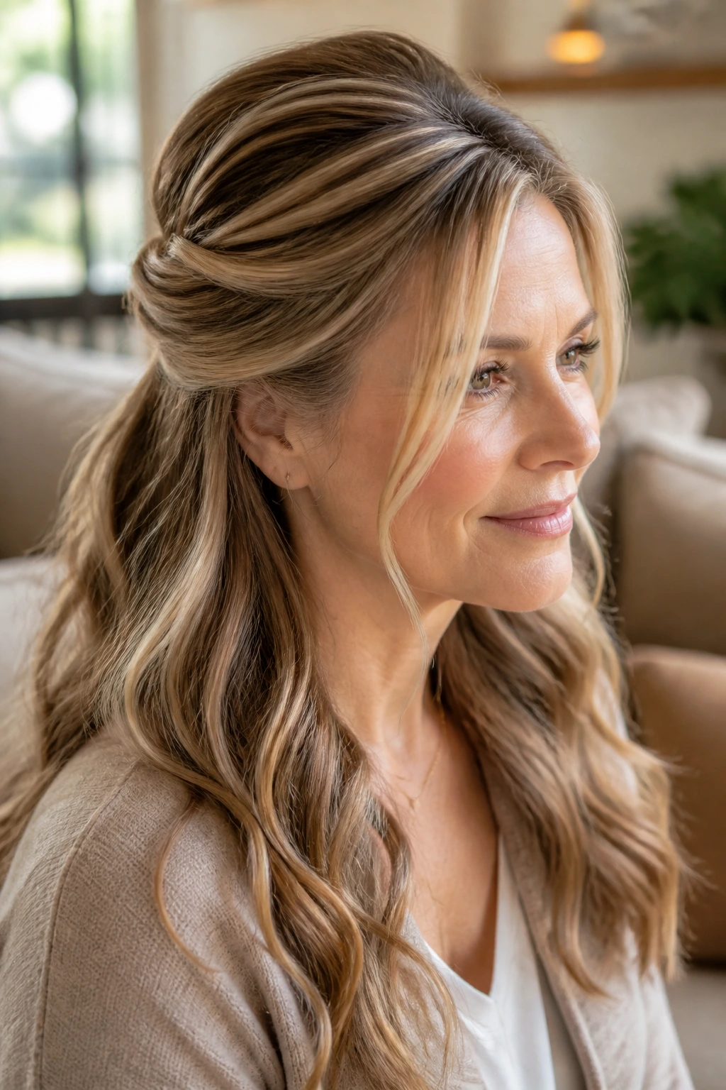 Portrait of woman with half-up twist and caramel ribbons in long blonde hair.