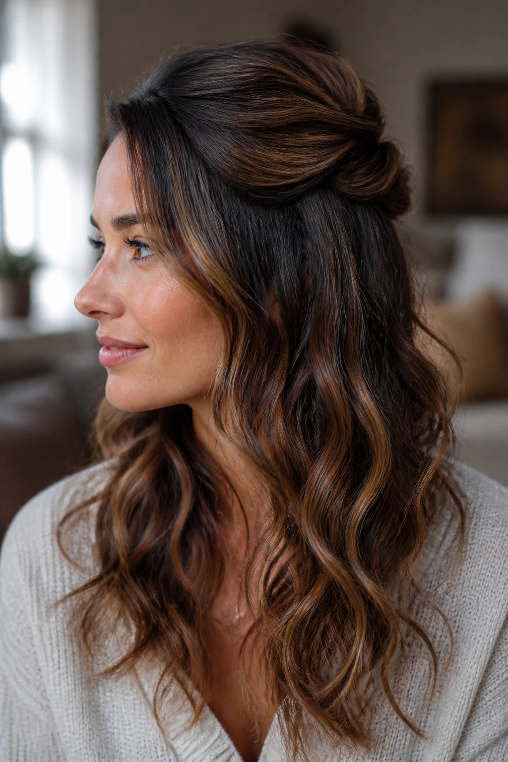 Close-up portrait of a real woman with half-up twist and cinnamon lowlights