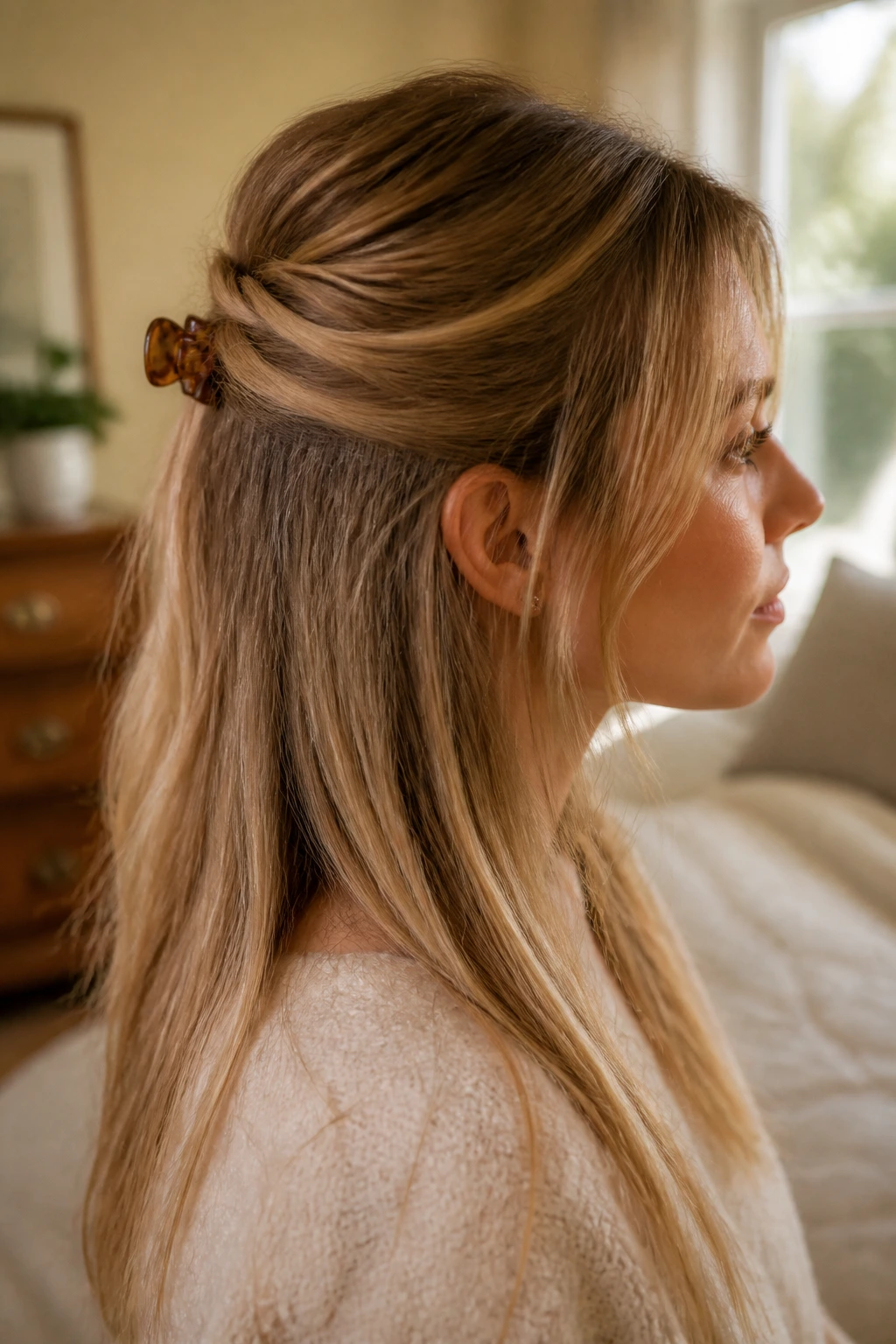 Close-up of a real woman with a half-up twist secured by a mini claw clip