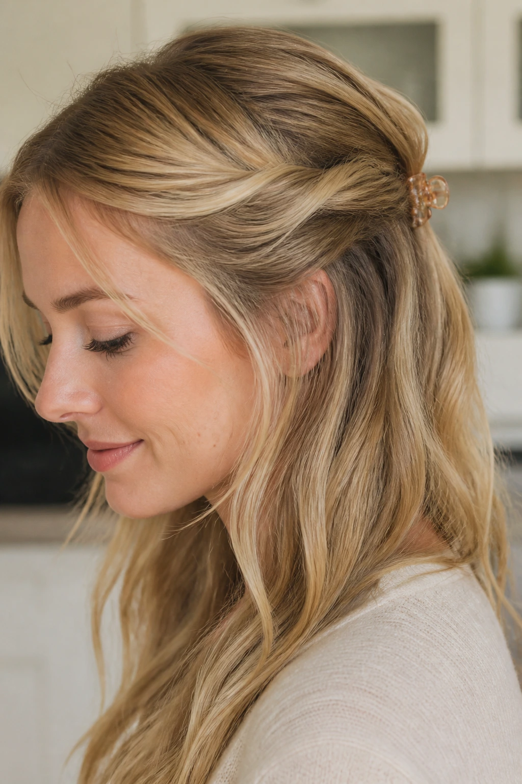 Close-up of a real woman with a half-up twist secured by a claw clip
