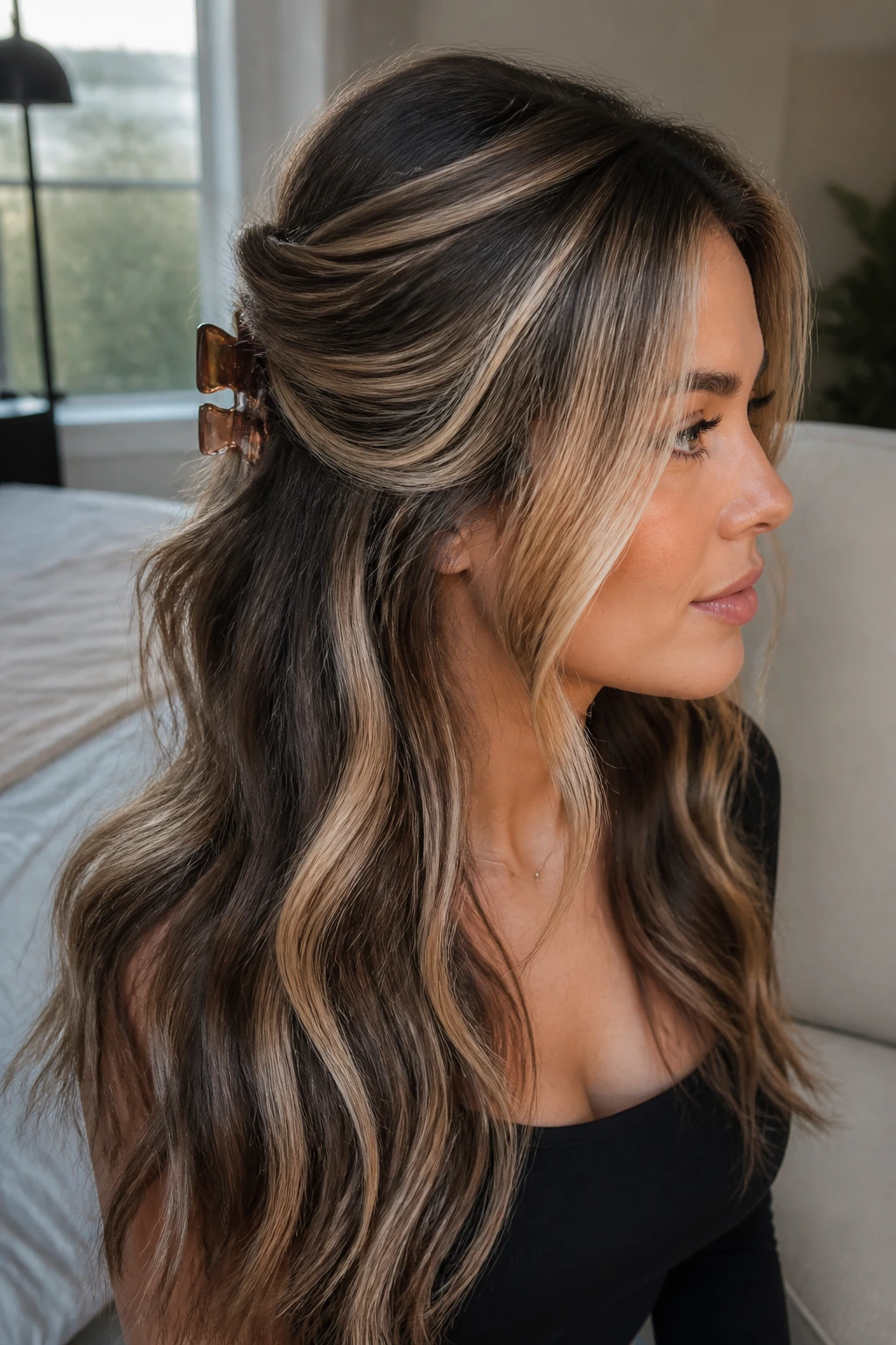 Close-up of half-up twist with creamy blonde ribbons on a real person