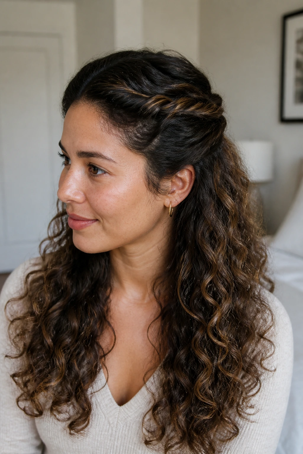 Close-up of a real woman's half-up twist crown hairstyle