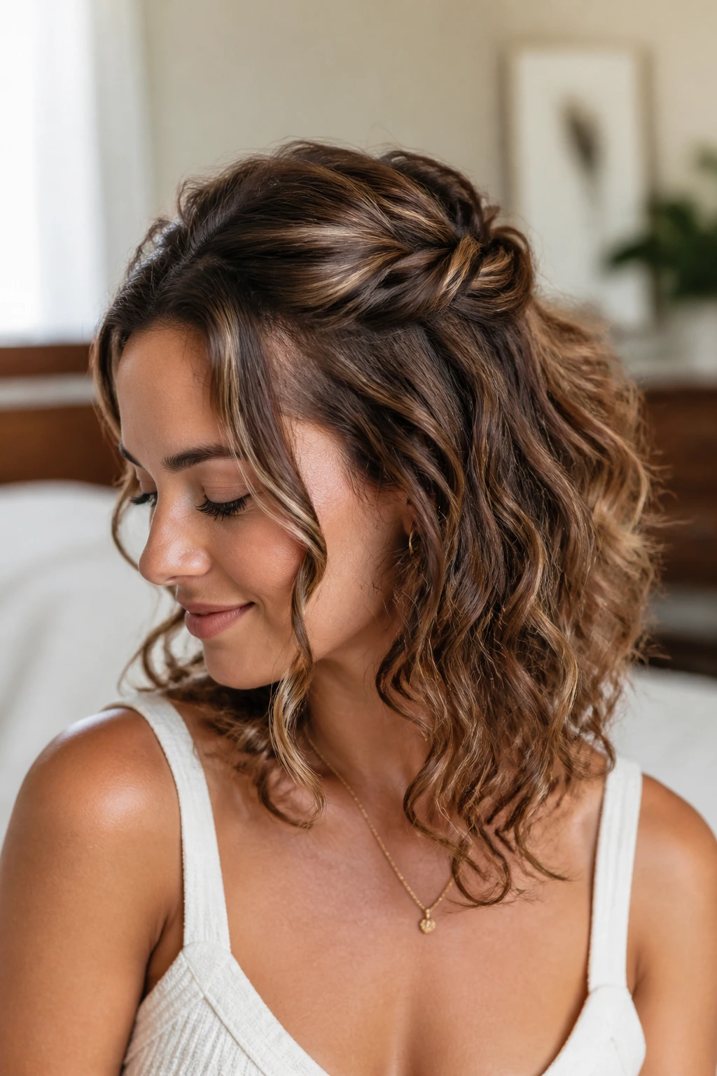 Close-up portrait of a woman with half-up twist crown hairstyle and beachy waves