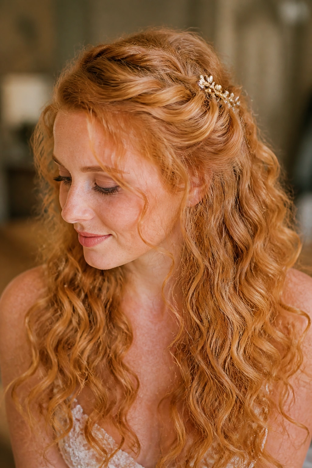Woman with half-up twist crown on curly strawberry blonde hair