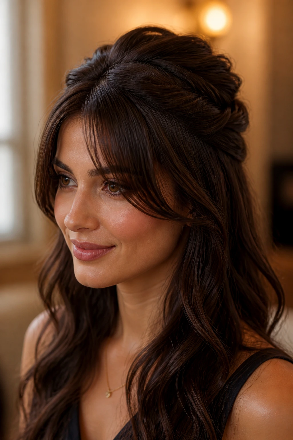 Real person with half-up twist crown and curtain bangs