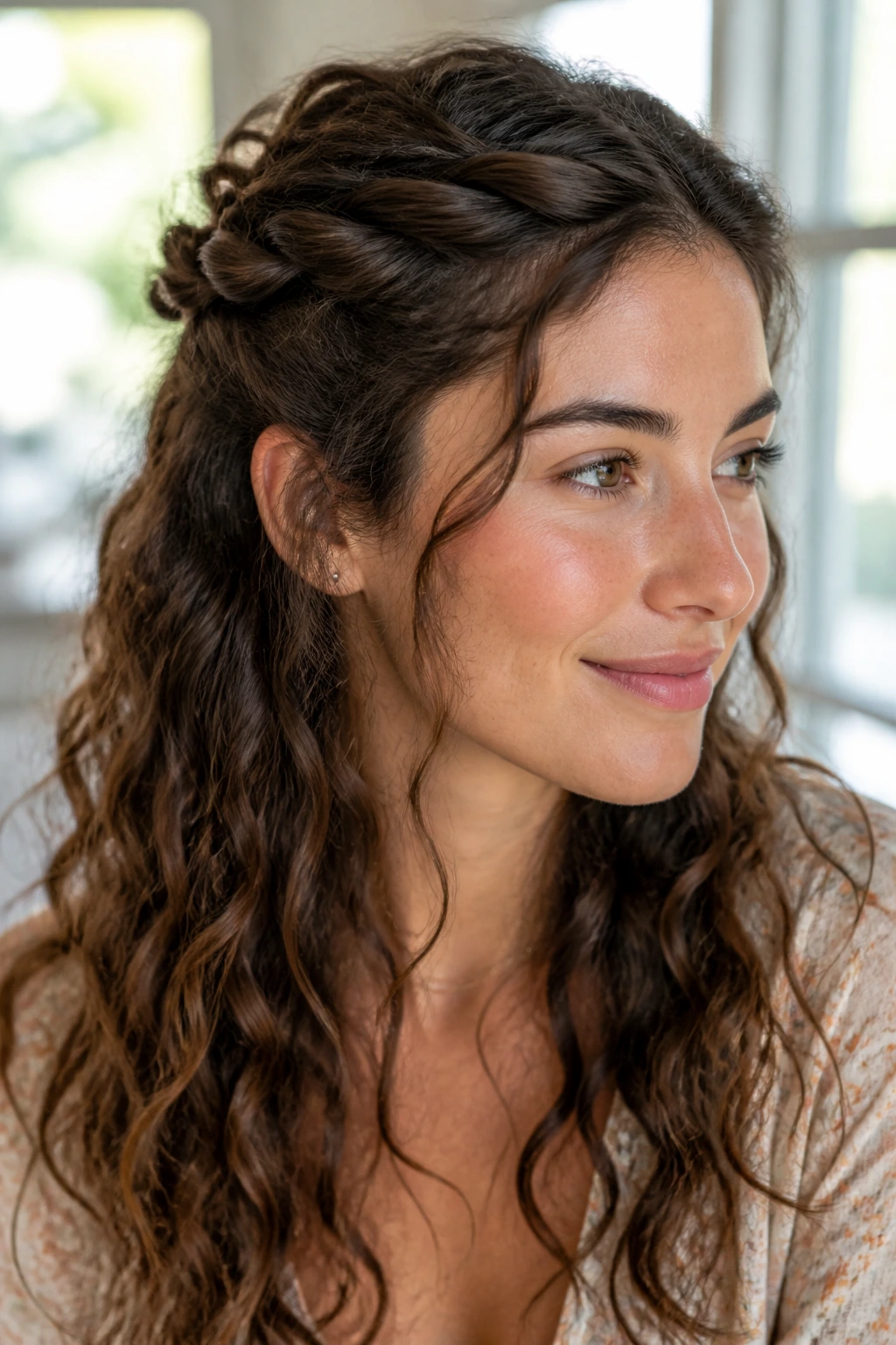 Portrait of a real woman with a half-up twist crown hairstyle