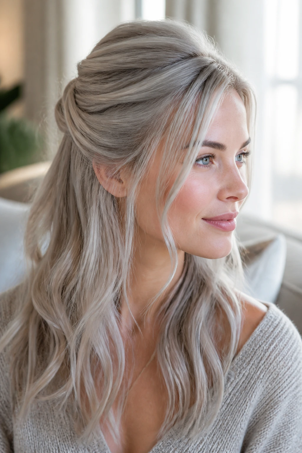 Close-up of a real person with a half-up twist and crown lift in steel blonde.