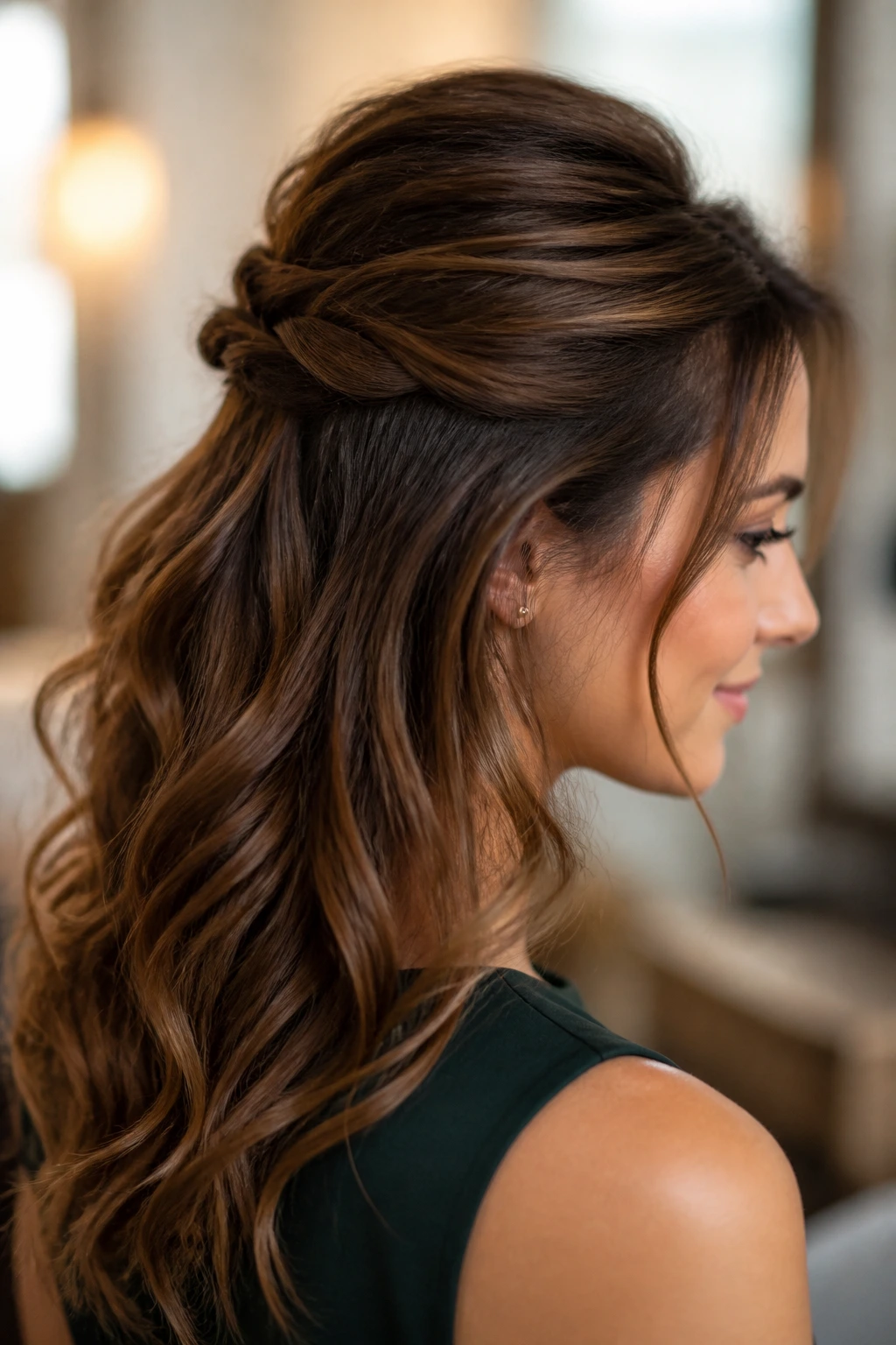 Portrait of woman with crown-lift half-up twist