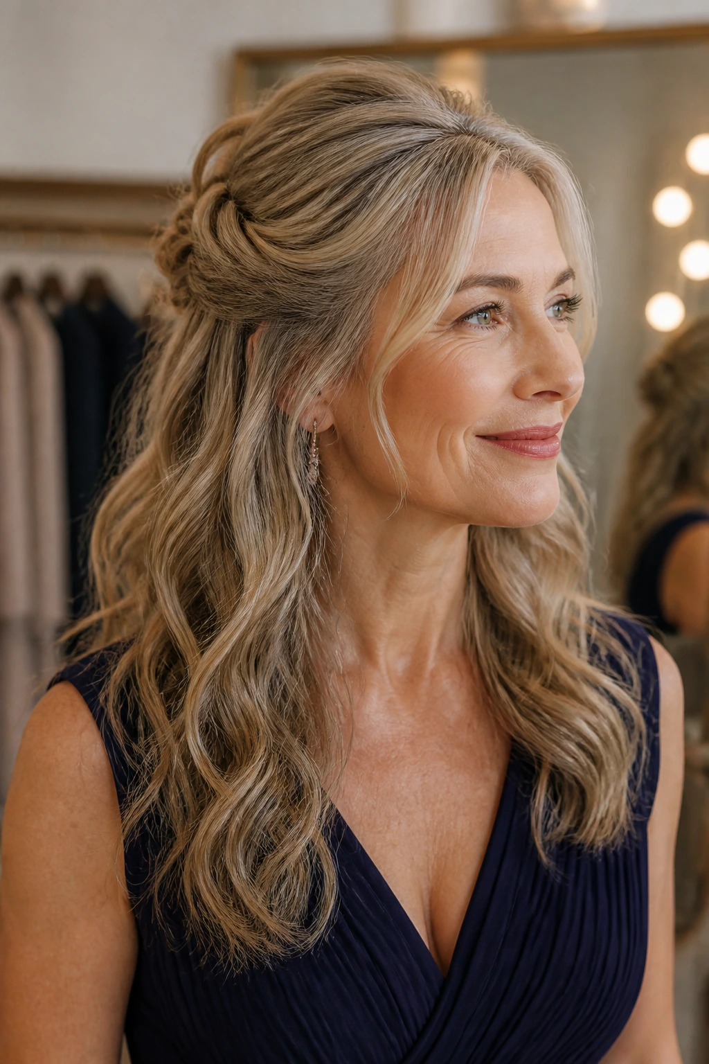 Portrait of a 50s woman with half-up twist crown hairstyle