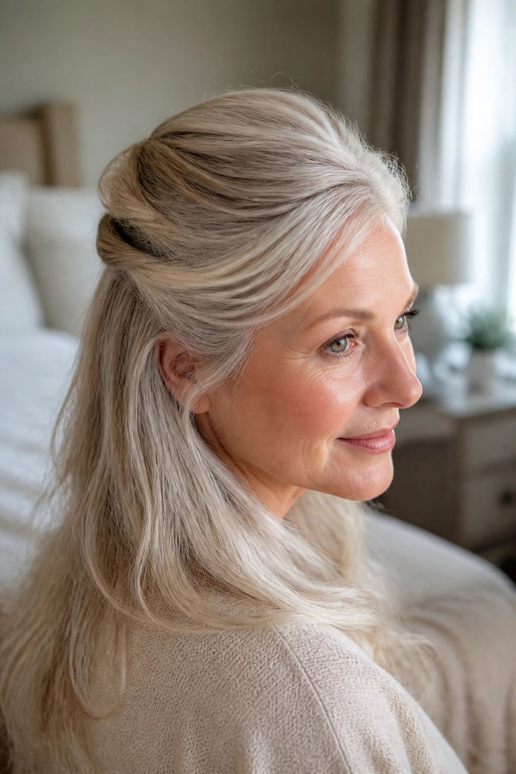 Close-up of a real woman with a half-up twist at the crown.