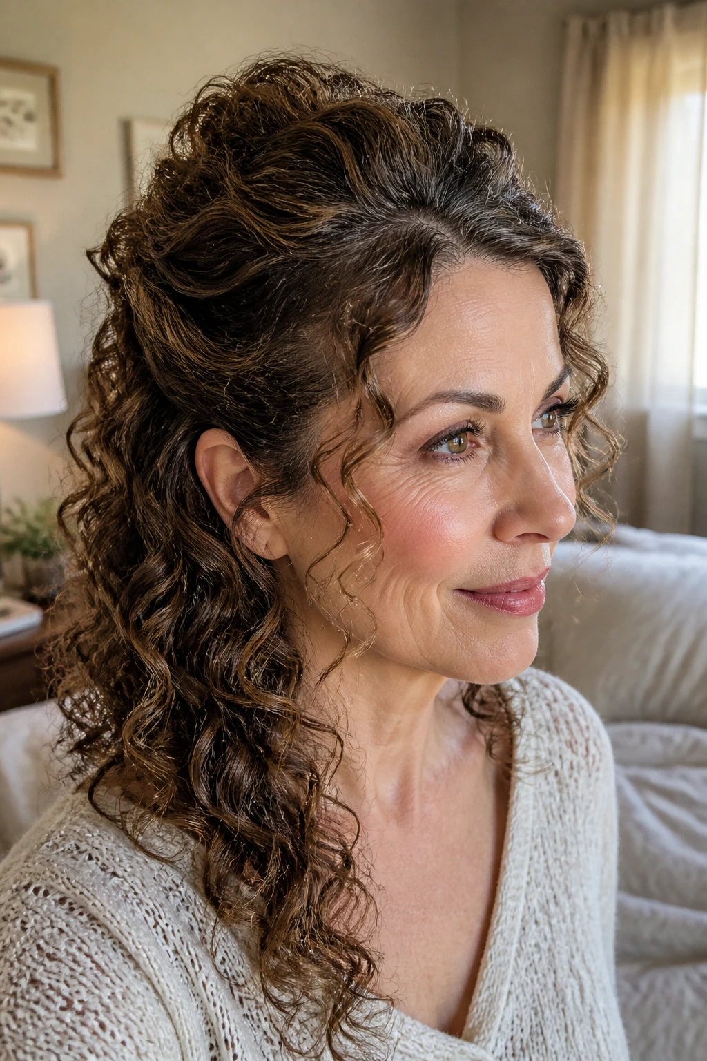 Close-up of a real woman with a half-up twist on curly hair and lifted crown, soft window light