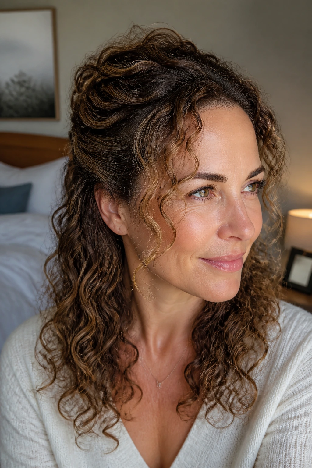 Close-up of real woman with half-up twist and loose face-framing curls by a window