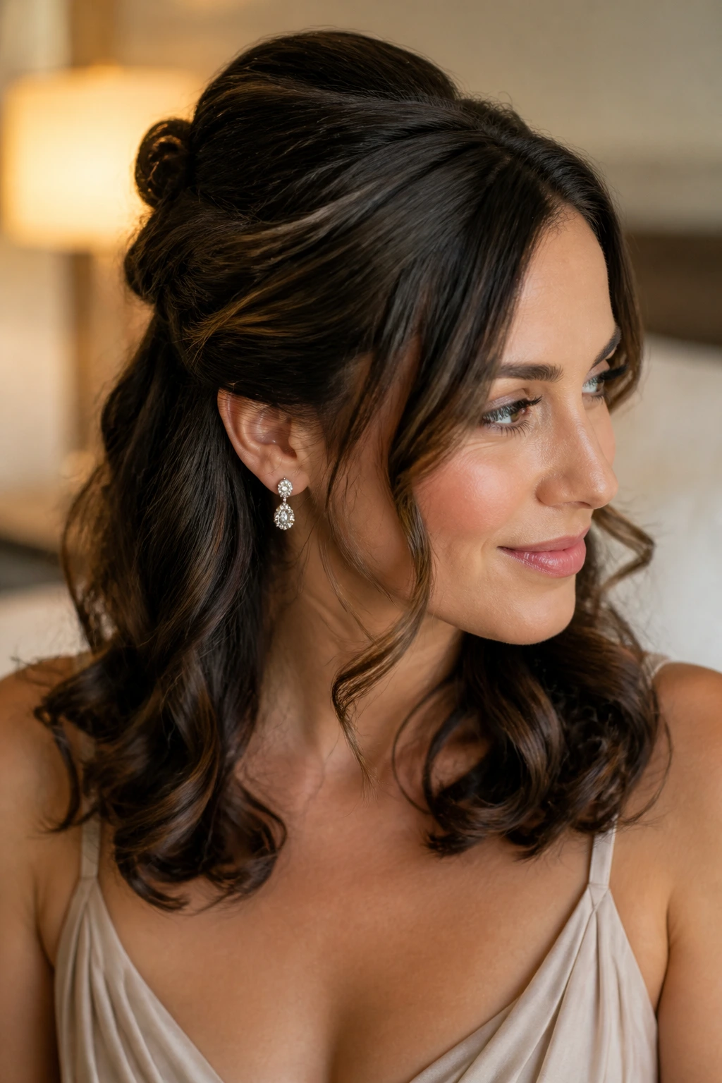 Close-up of a real woman with half-up twist and loose curls
