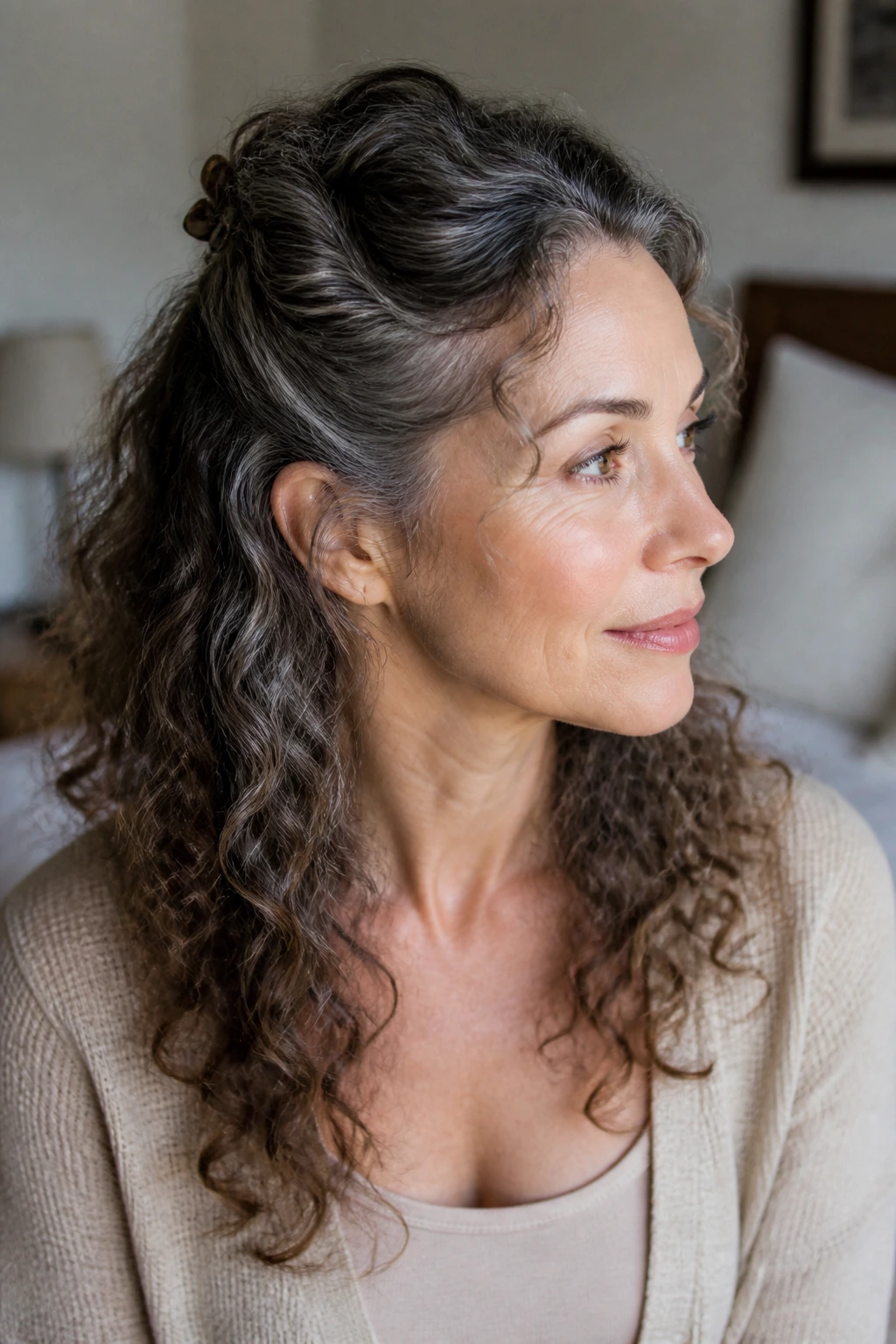 Close-up portrait of a real woman with half-up twist for second-day curls in soft window light