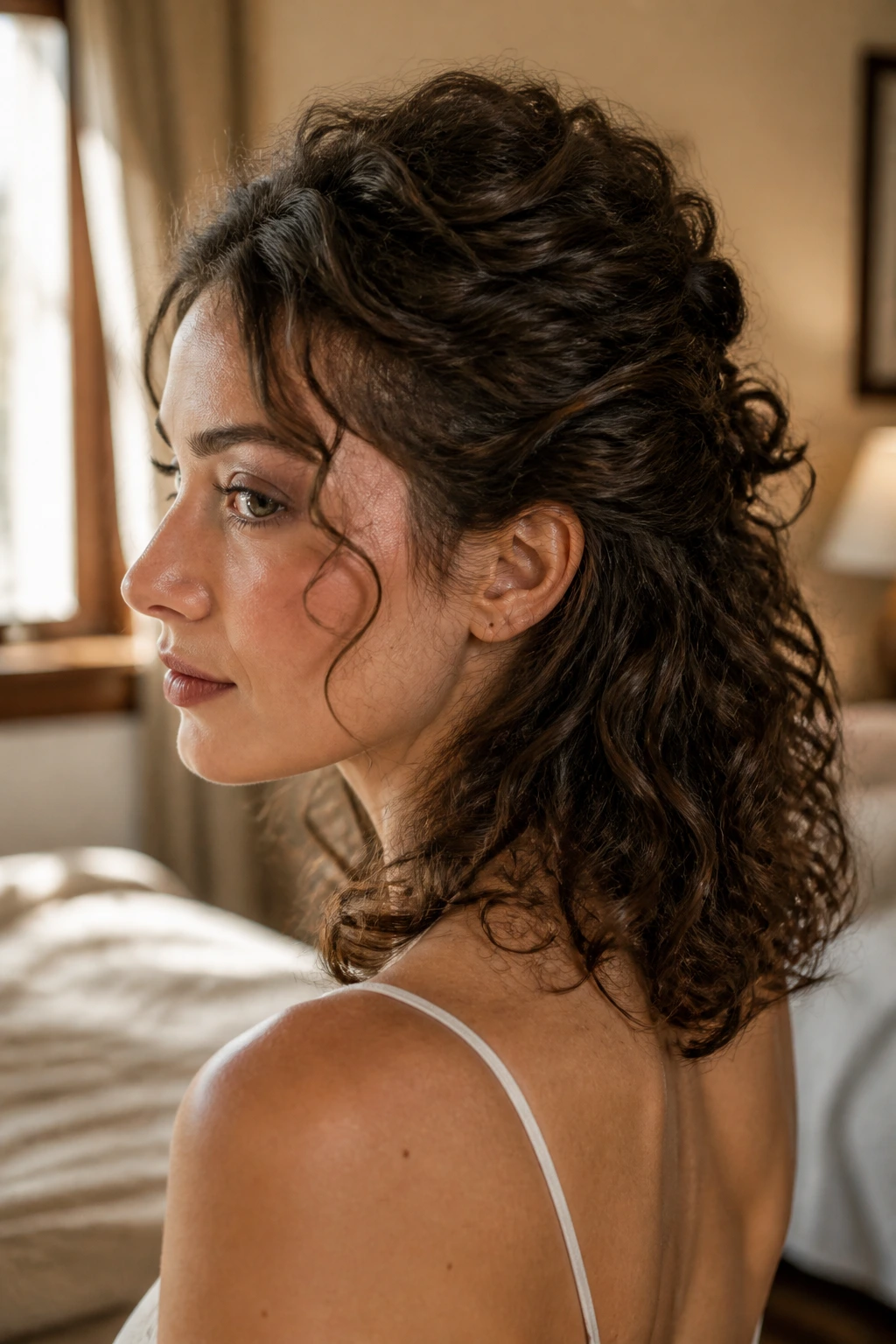 Close-up of a real woman with shoulder-length curls in a messy half-up French twist, warm window light