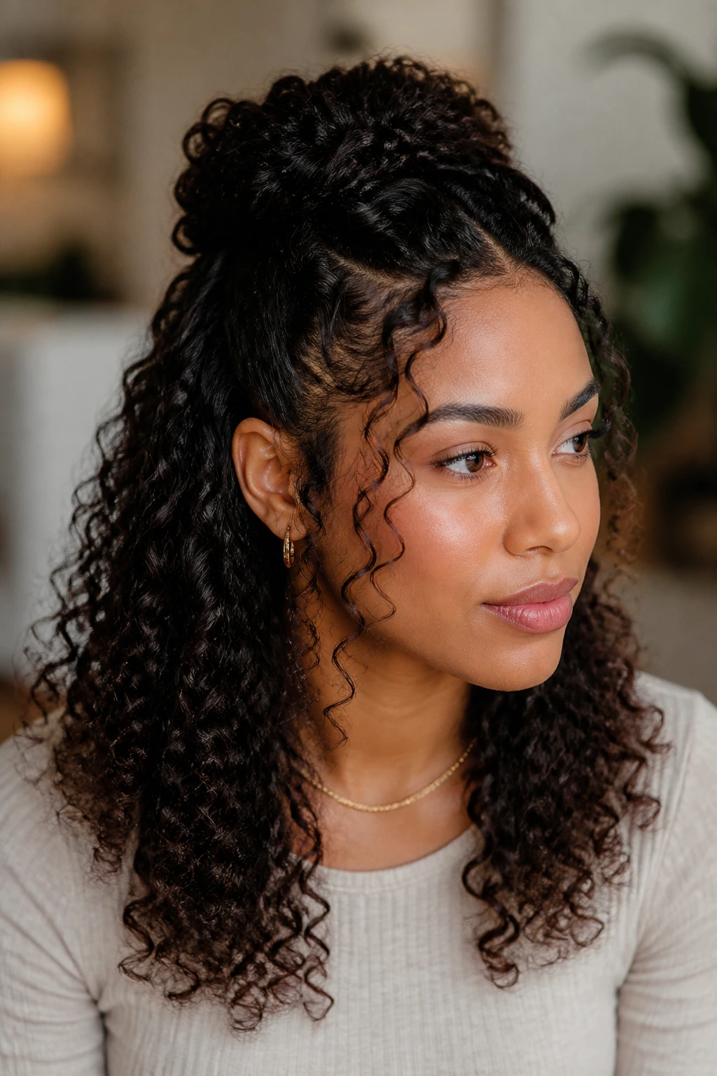 Real woman wearing half-up twist with defined ends