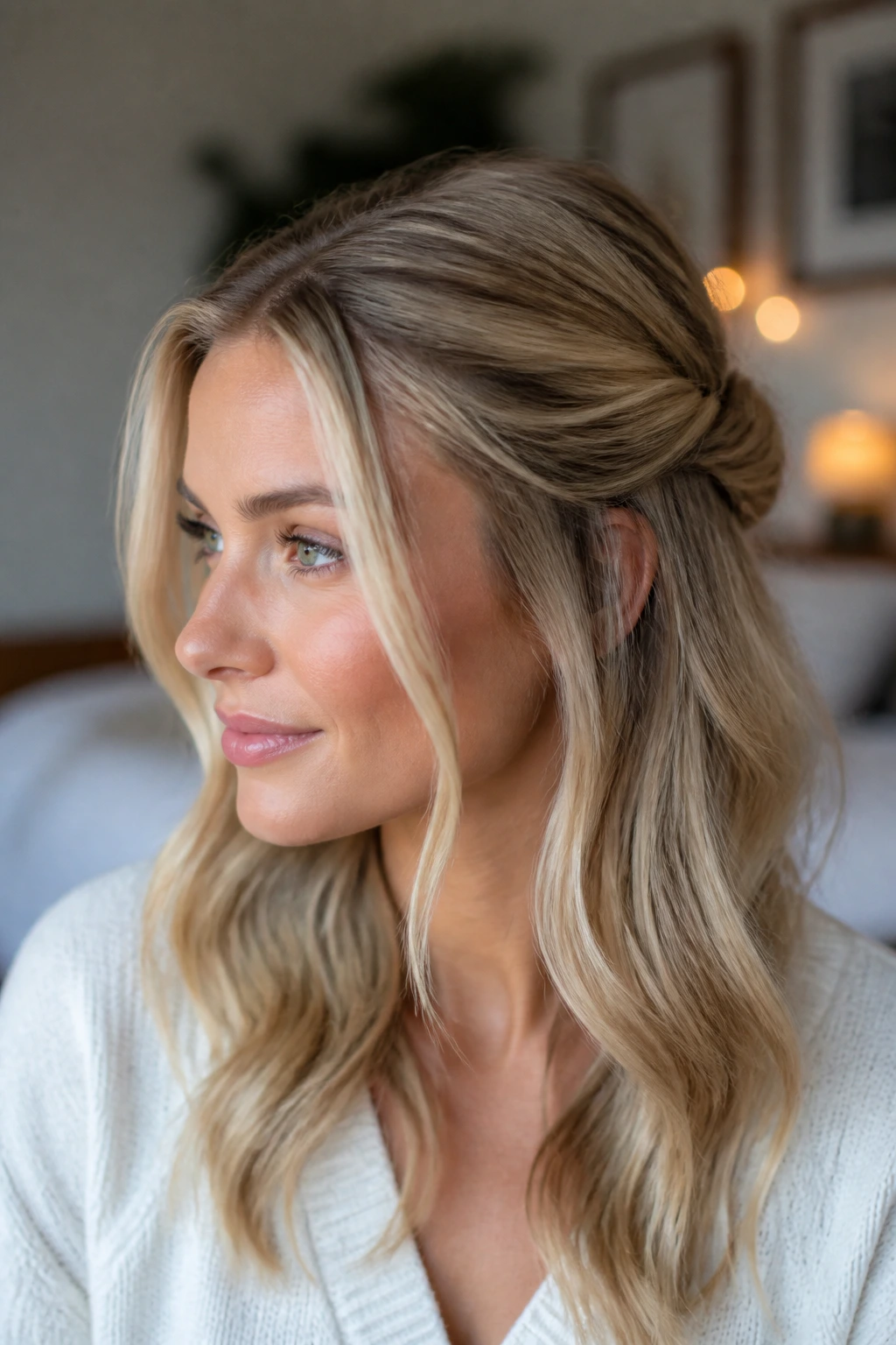 Real woman with half-up twist and face-framing pieces