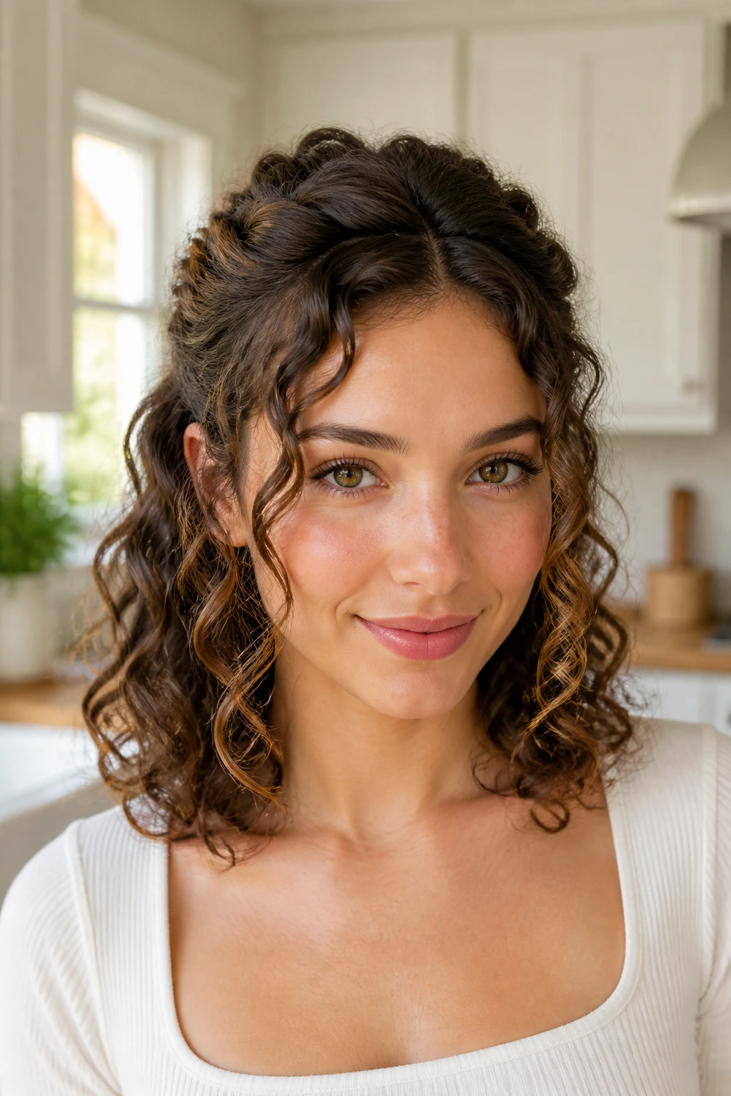 Real person with half-up twist and face-framing curls