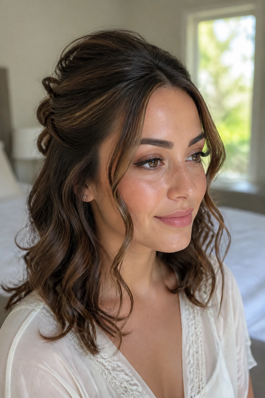 Close-up of a real woman with half-up twist and face-framing pieces in bright room