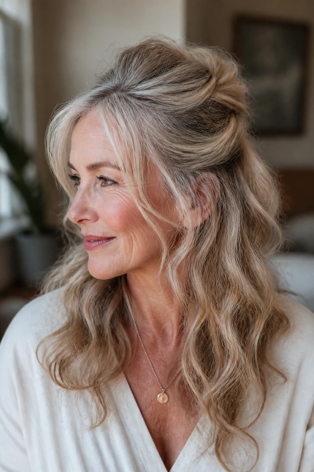 Close-up of a woman with half-up twist and loose face framing.