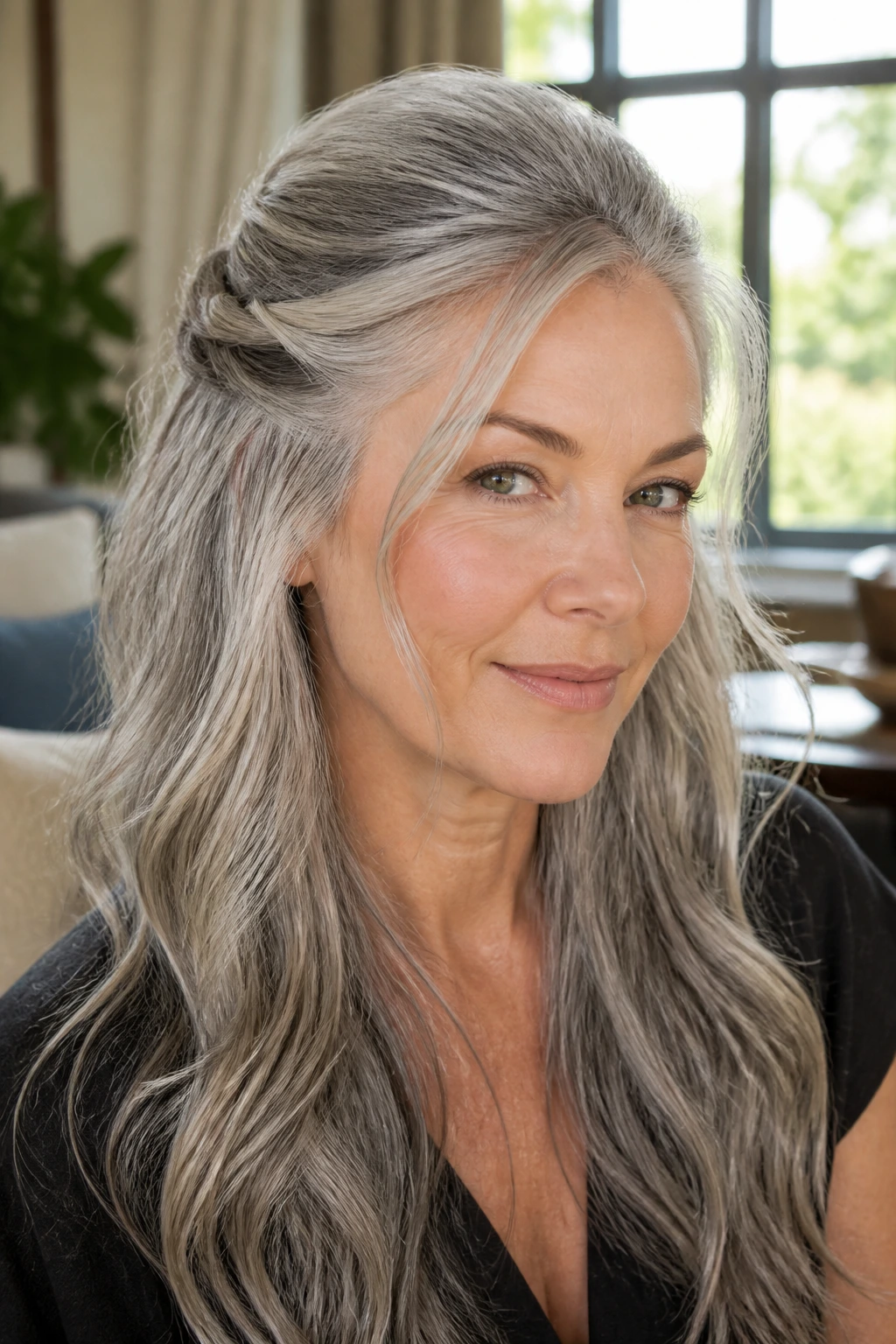 Close-up portrait of a real woman with half-up twist lifting the crown in long gray hair