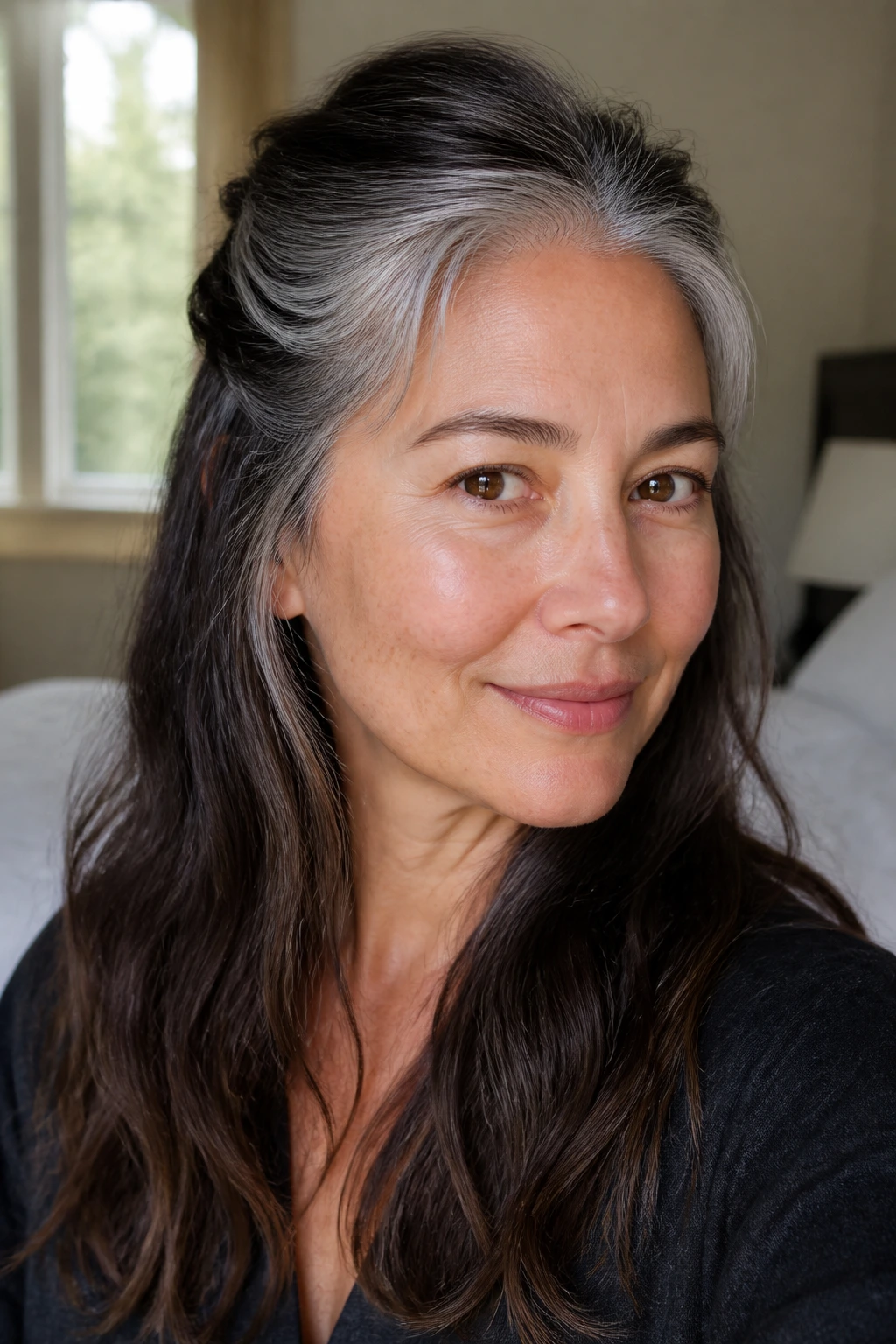 Close-up portrait of a real person with a half-up twist and loose length