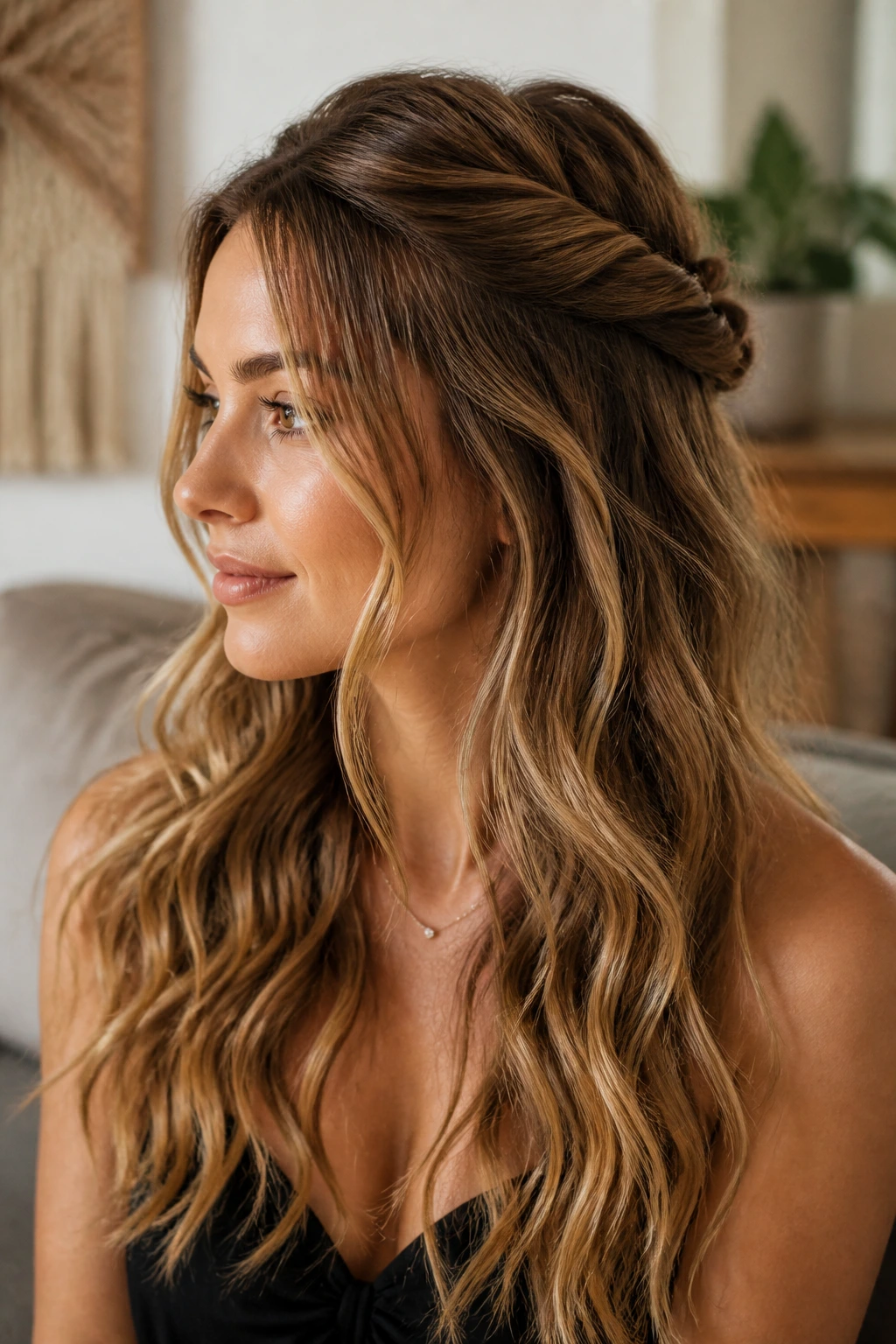 Real woman wearing a half-up twist with floating sides around the face.