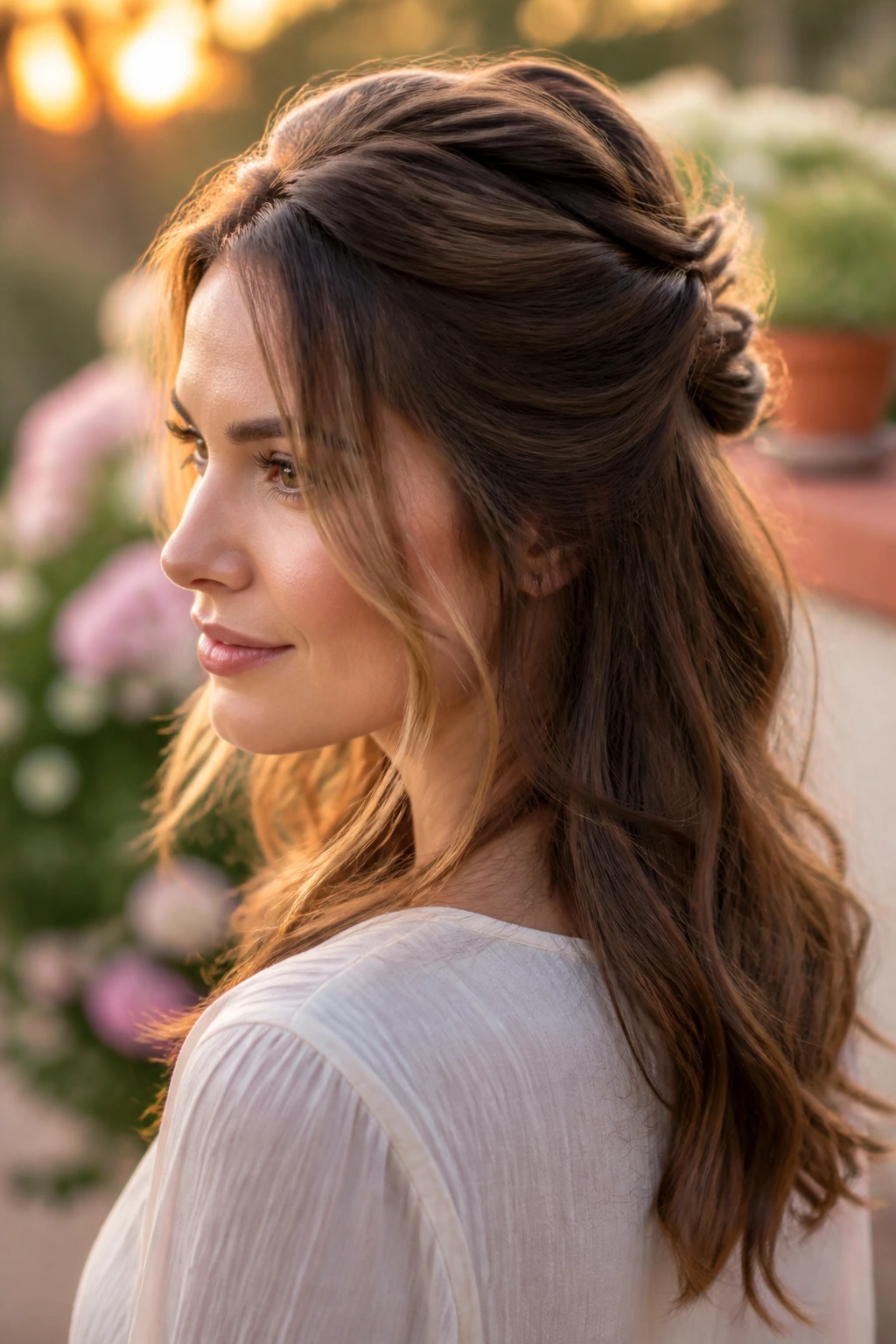 Woman with half-up twist and soft side pieces