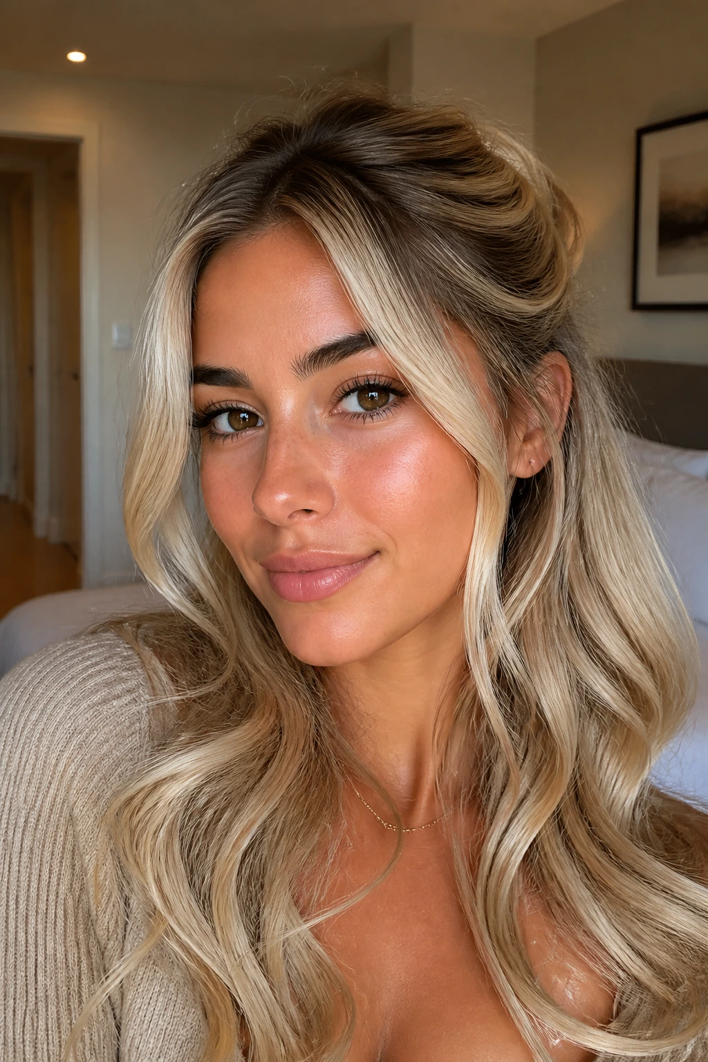 Close-up of real woman with half-up twist and bright halo blonde pieces