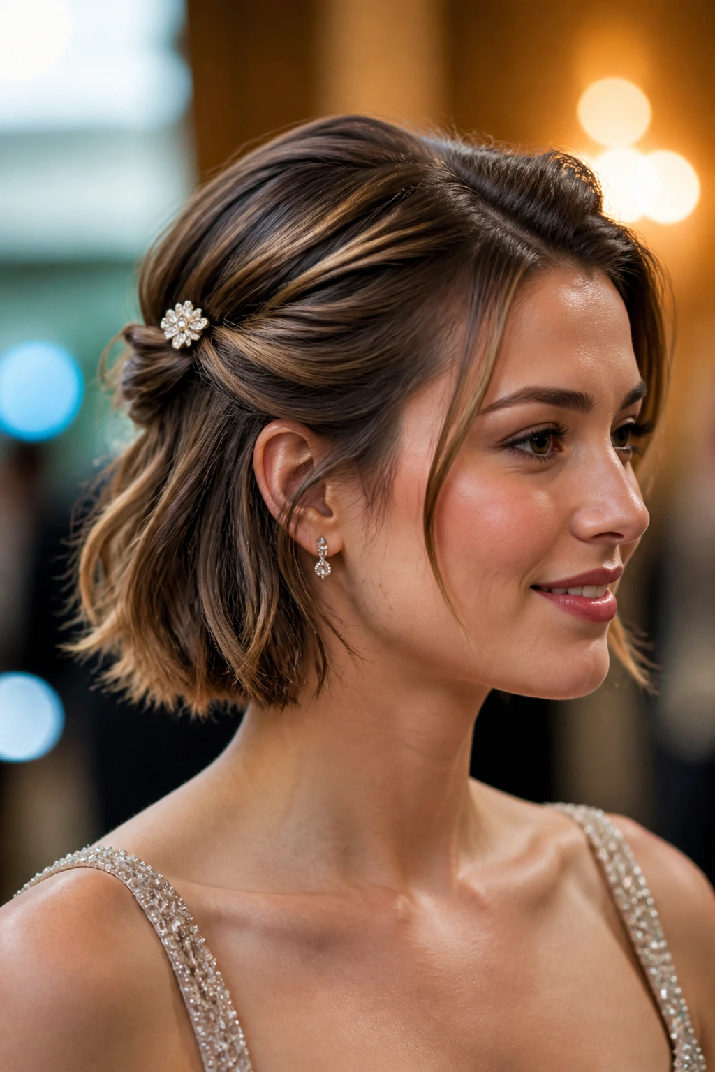 Close-up of a woman with a half-up twist and jewel clip in warm event lighting