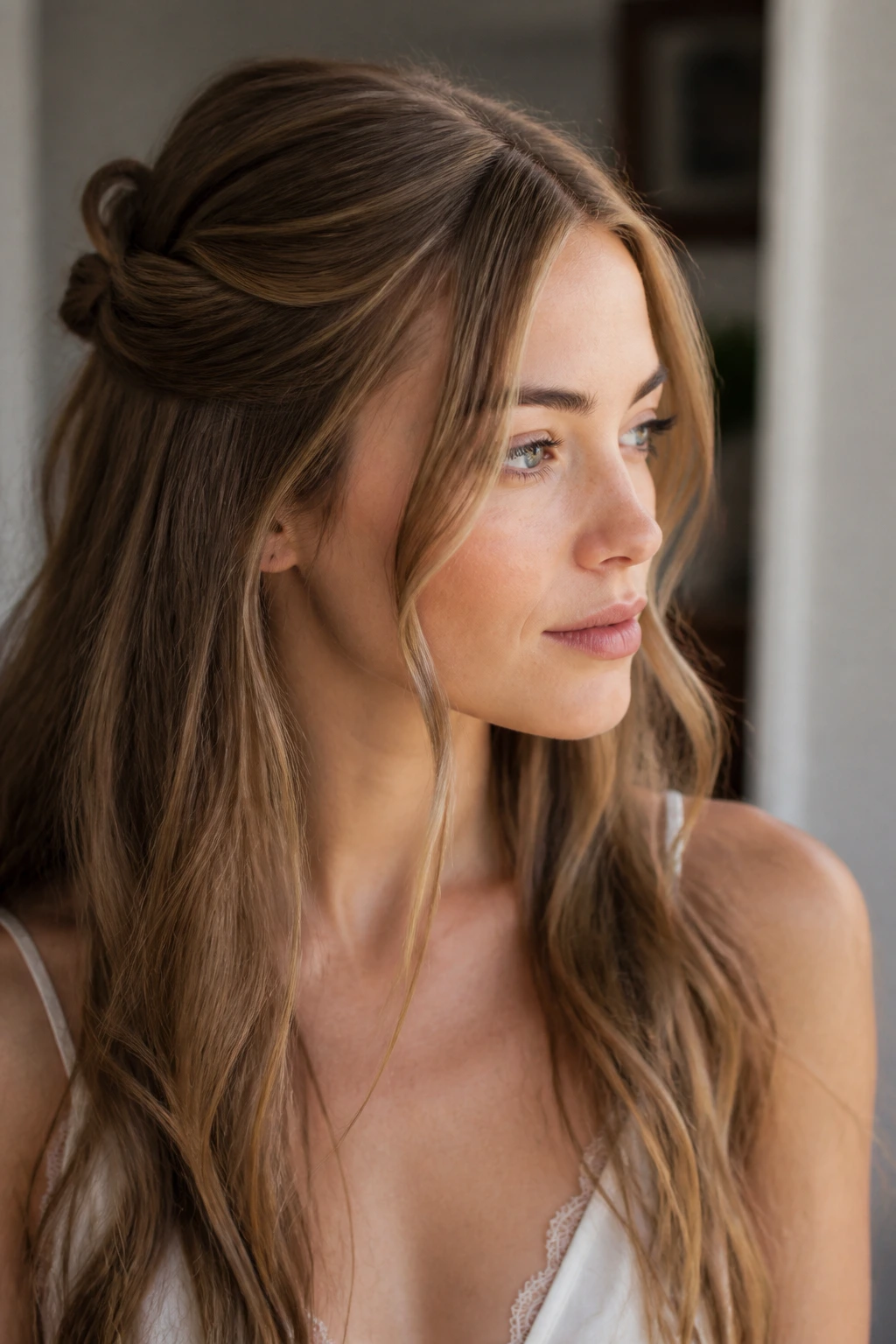 Portrait of a woman with a romantic half-up twist on long dark blonde hair
