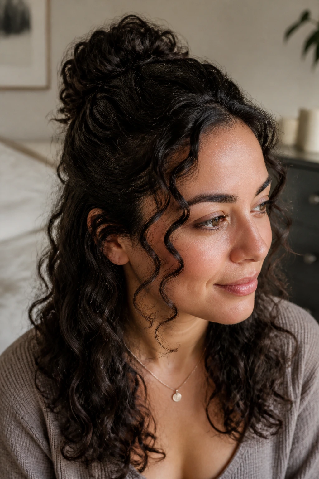 Portrait of a woman with half-up twist and loose front curls.
