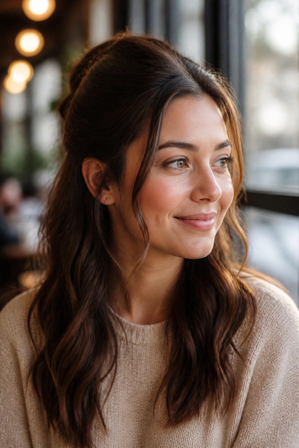 Portrait of a real woman with a half-up twist and loose face frames