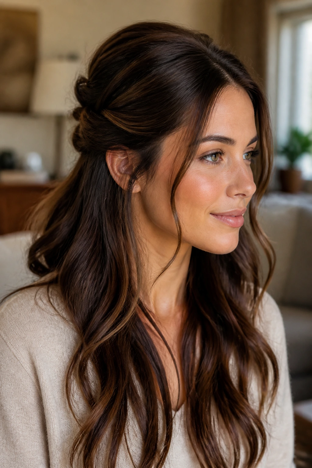 Real woman with a half-up twist hairstyle and loose length framing the face.