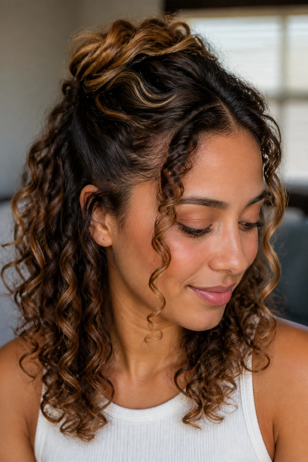 Close-up of a real person with a half-up twist and loose front spirals.