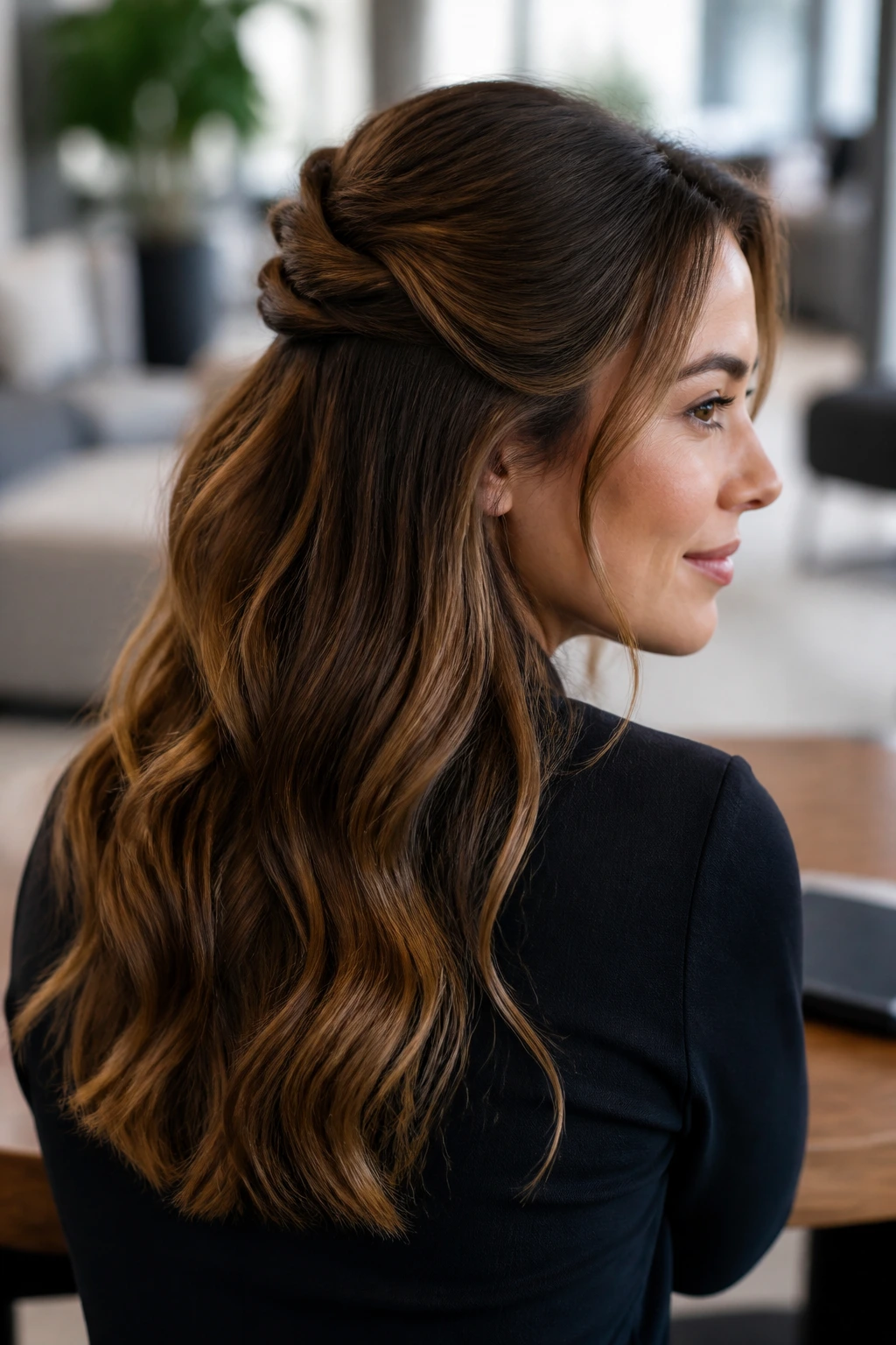Close-up of a real woman with a half-up twist and loose waves