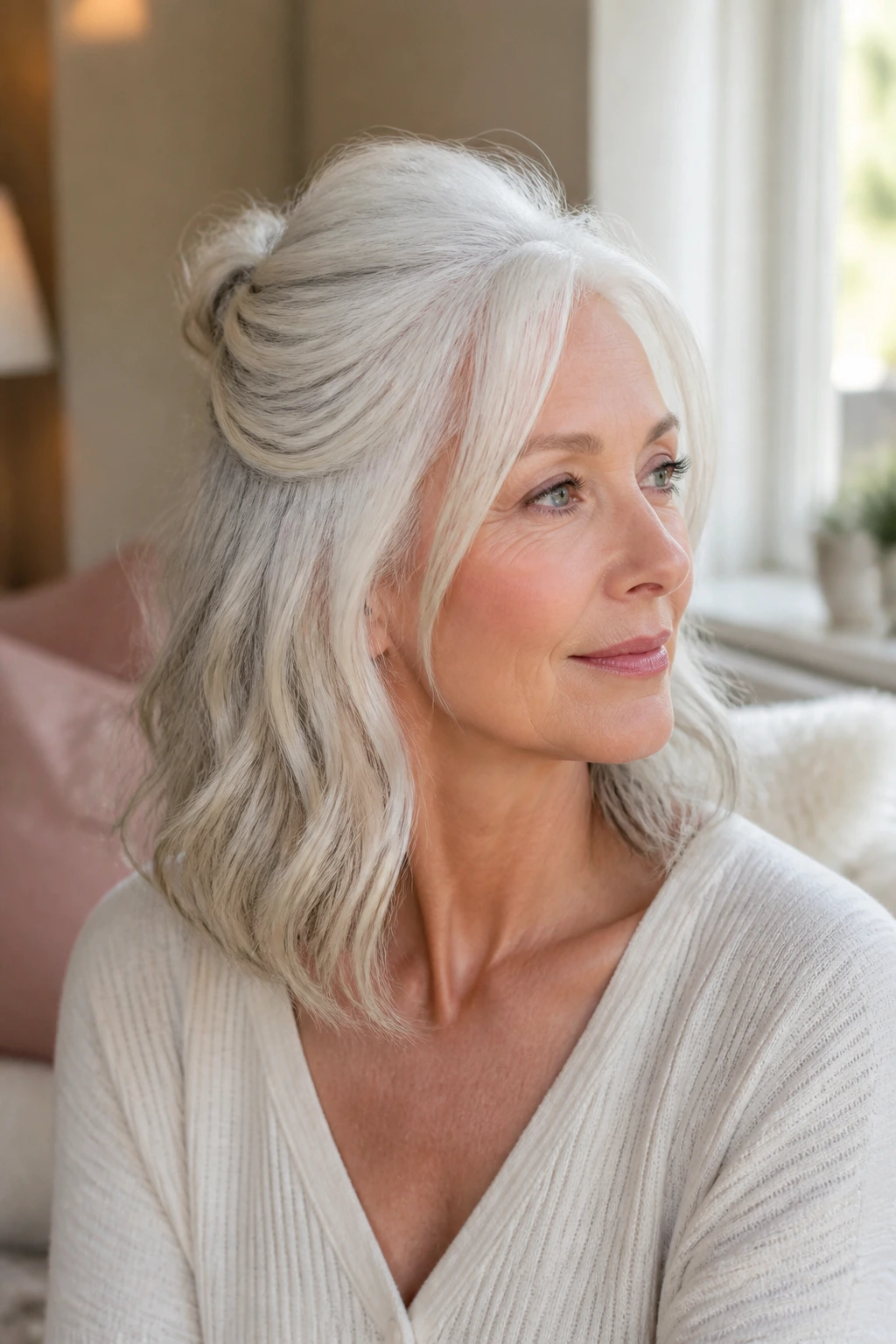 Portrait of a real person with half-up twist in mid-length white hair with babylights.