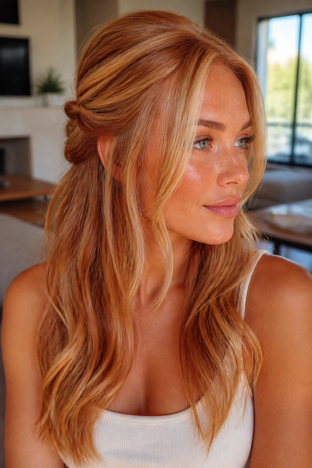 Close-up of a real woman with half-up twist and bright money pieces on tan skin