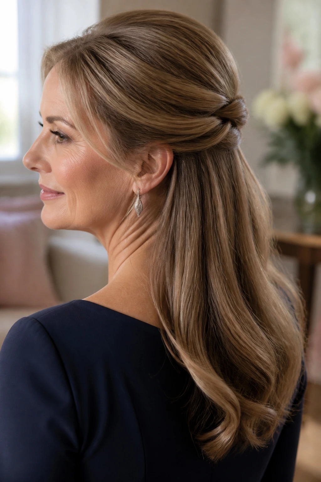 Close-up of Half-Up Twist with Polished Length on a real woman