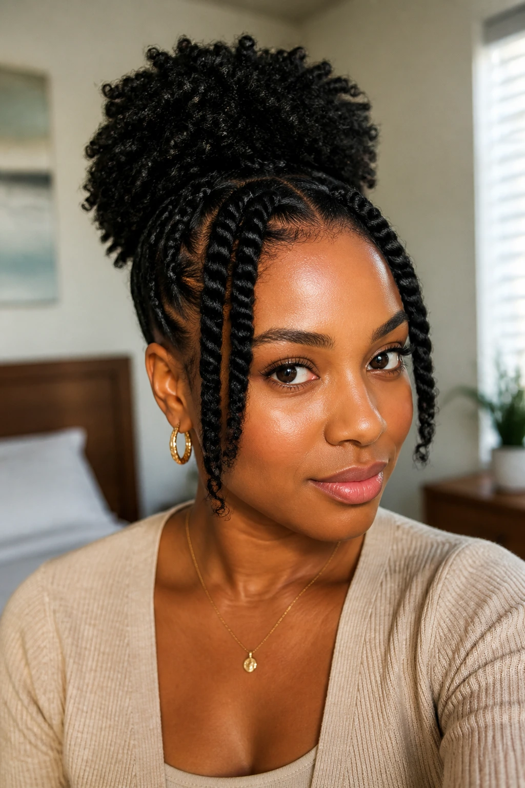 Close-up of a real woman wearing a half-up twist puff hairstyle
