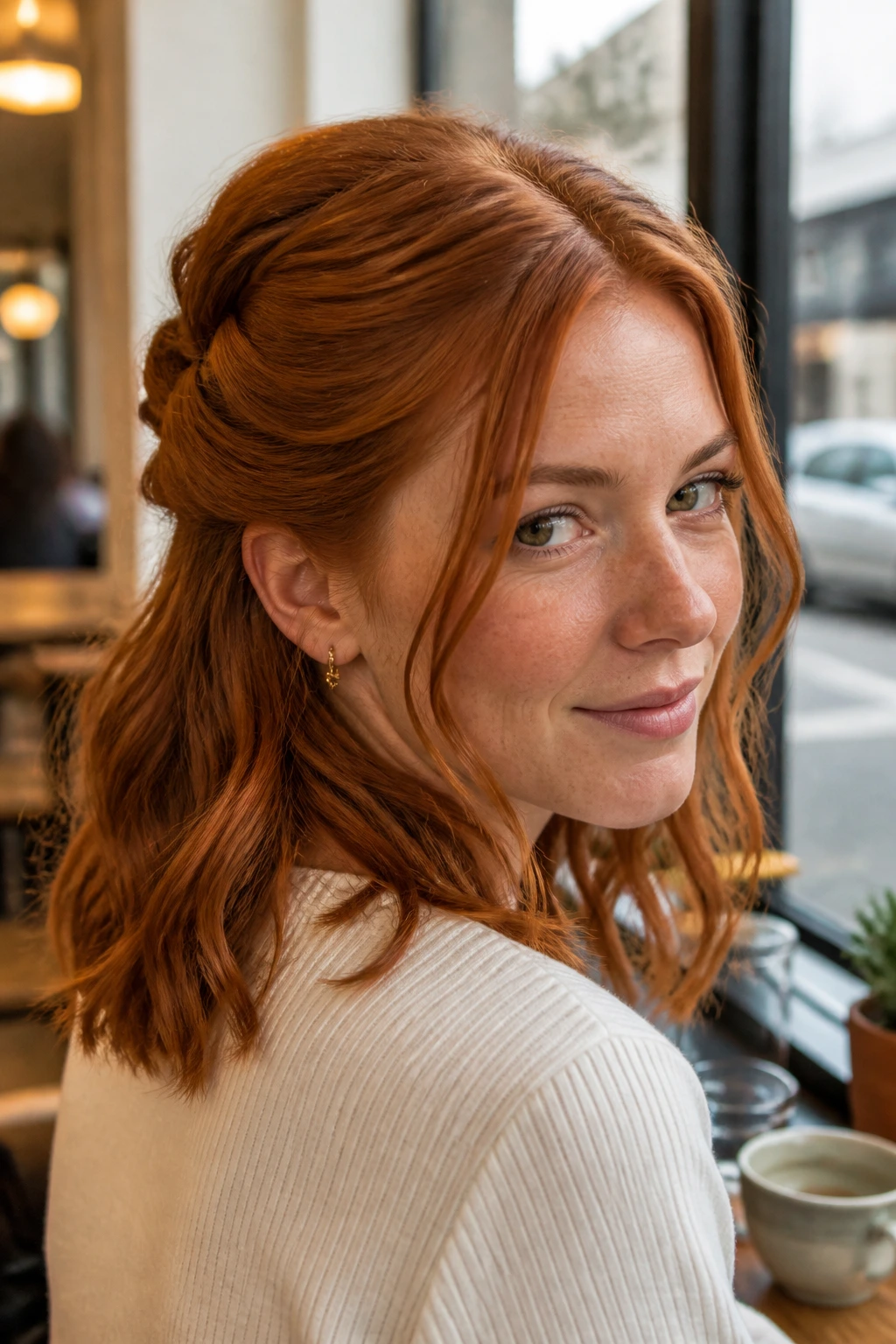 Portrait of a woman with half-up twist and face-framing pieces in red hair