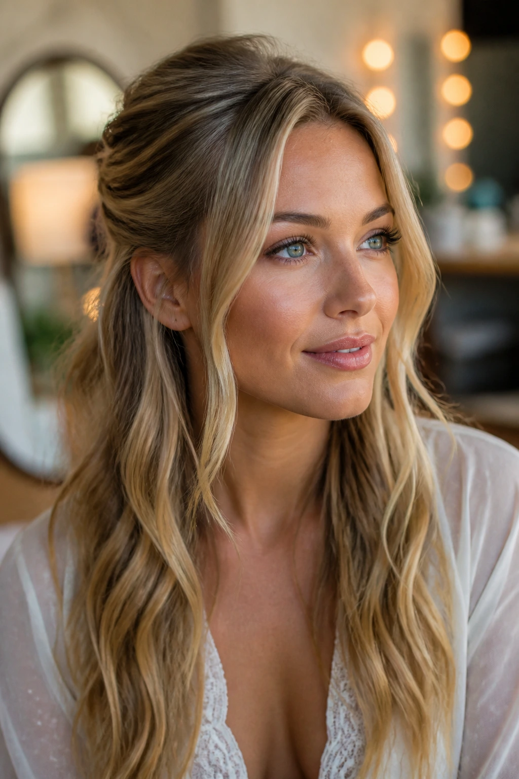 Close-up portrait of a real woman with half-up twist and loose front ribbons.