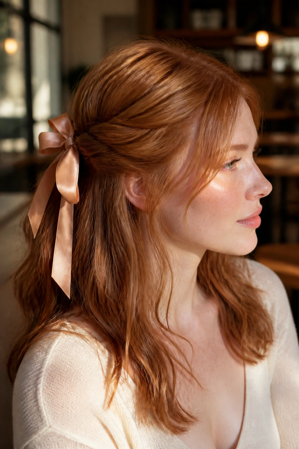 Close-up portrait of a real woman with half-up twist and satin ribbon in strawberry-blonde hair